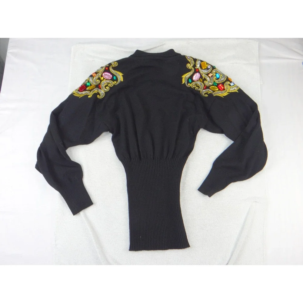 Ann Tjian for Kenar Vintage Black Lambswool Beaded Rhinestone Sweater Medium
